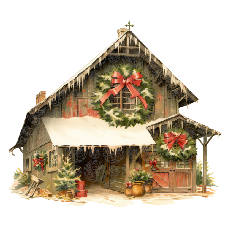 Christmas barn decorated with large wreaths, red bows, icicles, and snow, Grey Barn Handwerk, Saskatchewan.